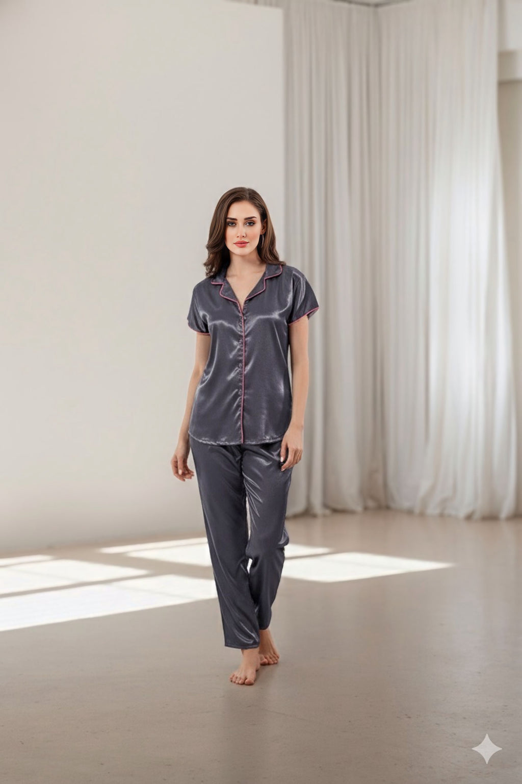 After Dusk Mauve Satin Night Suit Set for Women – Short-Sleeve Button-Down Top with Relaxed-Fit Pajama Pants