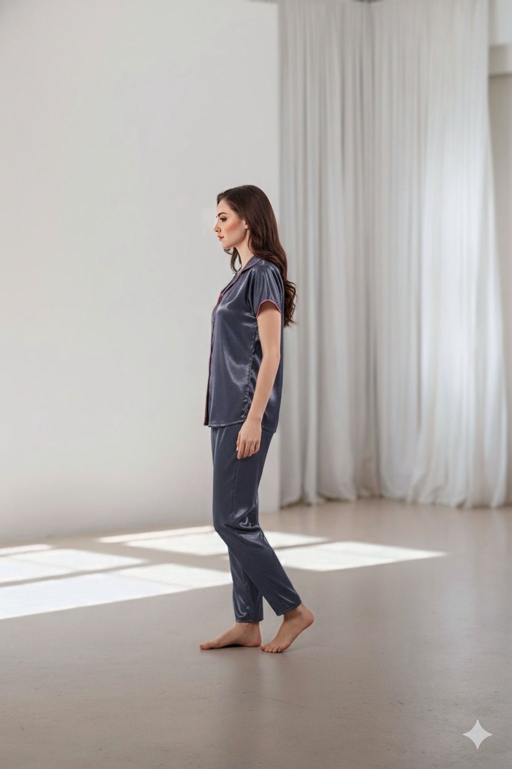 After Dusk Mauve Satin Night Suit Set for Women – Short-Sleeve Button-Down Top with Relaxed-Fit Pajama Pants