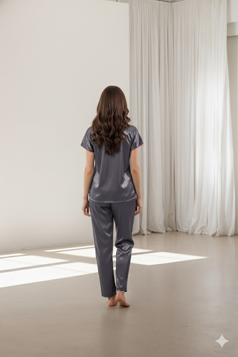 After Dusk Mauve Satin Night Suit Set for Women – Short-Sleeve Button-Down Top with Relaxed-Fit Pajama Pants