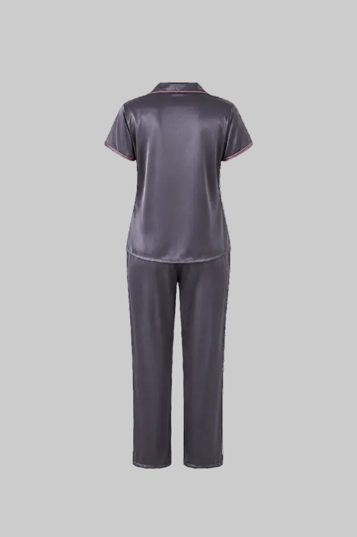 After Dusk Mauve Satin Night Suit Set for Women – Short-Sleeve Button-Down Top with Relaxed-Fit Pajama Pants