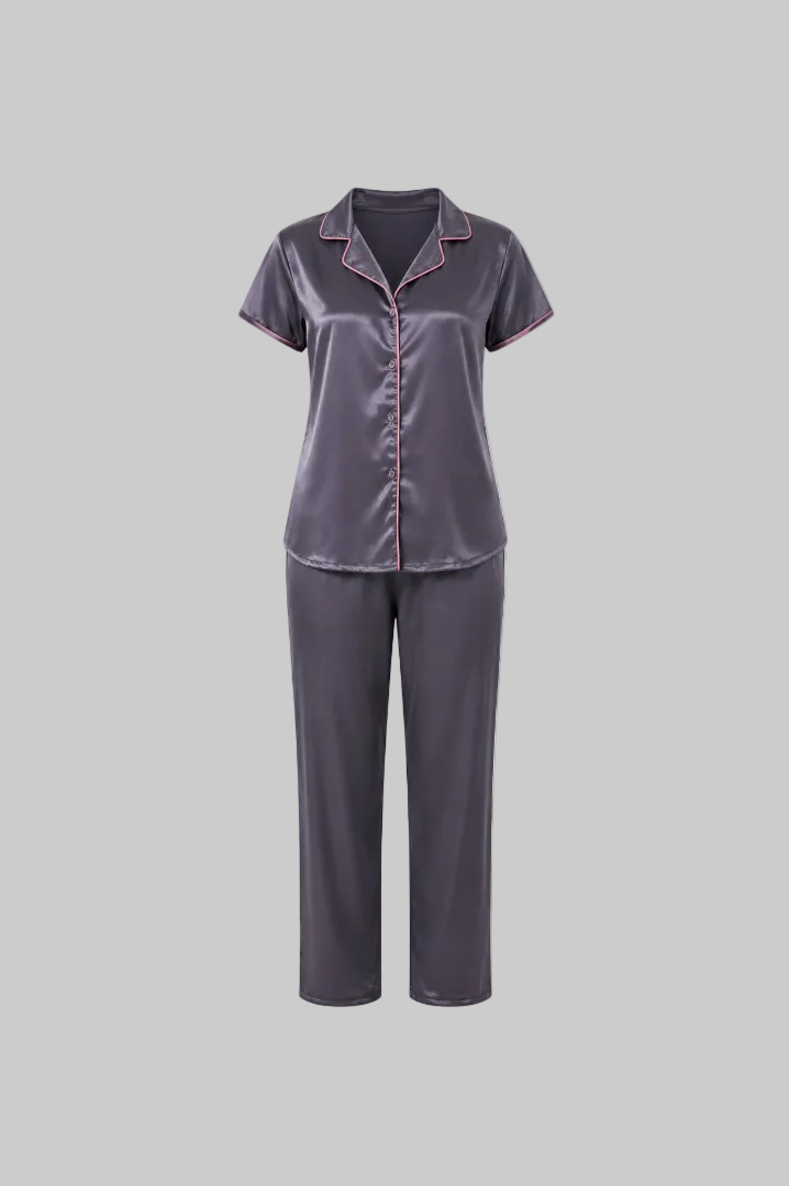 After Dusk Mauve Satin Night Suit Set for Women – Short-Sleeve Button-Down Top with Relaxed-Fit Pajama Pants