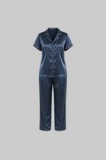 After Dusk Mauve Satin Night Suit Set for Women – Short-Sleeve Button-Down Top with Relaxed-Fit Pajama Pants