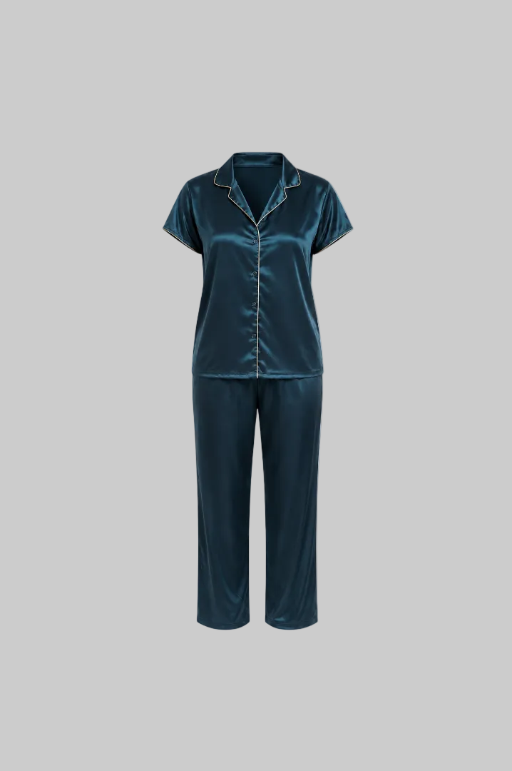 After Dusk Mauve Satin Night Suit Set for Women – Short-Sleeve Button-Down Top with Relaxed-Fit Pajama Pants